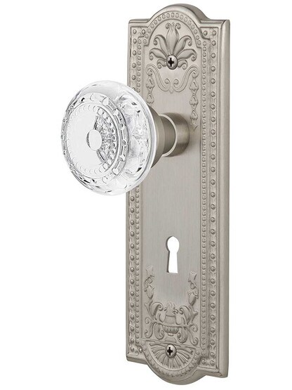 Meadows Door Set with Keyhole and Matching Crystal-Glass Knobs in Satin Nickel.